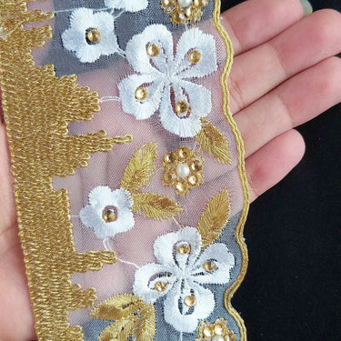 White Tissue Fabric Trim With Embroidered White & Gold Embroidery, Embellished With Beads, Brasso Trim